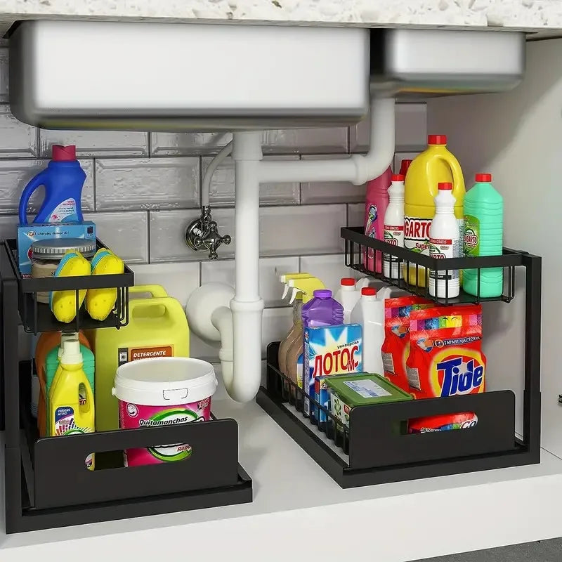 rangements étagères sous évier blancs grille métallique pull out storage moderne pratique fixations murales