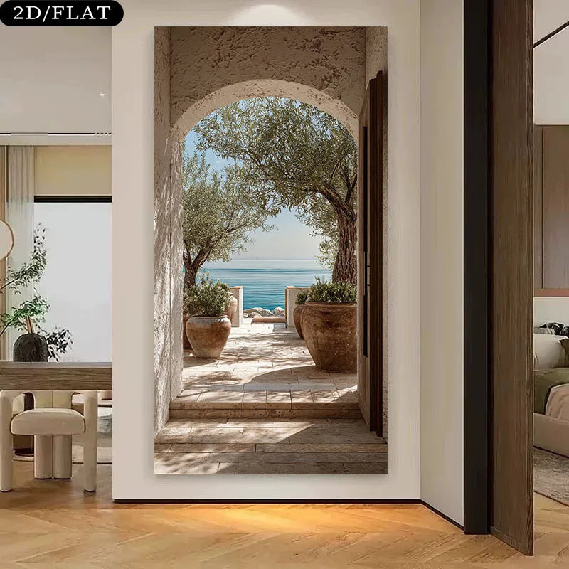 tableau mural moderne sans cadre toile paysage marin oliviers chemin pavé ciel clair 100x200cm