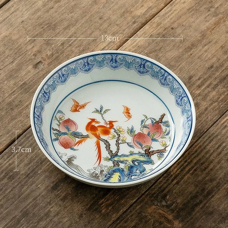 service thé traditionnel céramique émaillée fleurs papillons artisanal blanc bleu vert rose brun