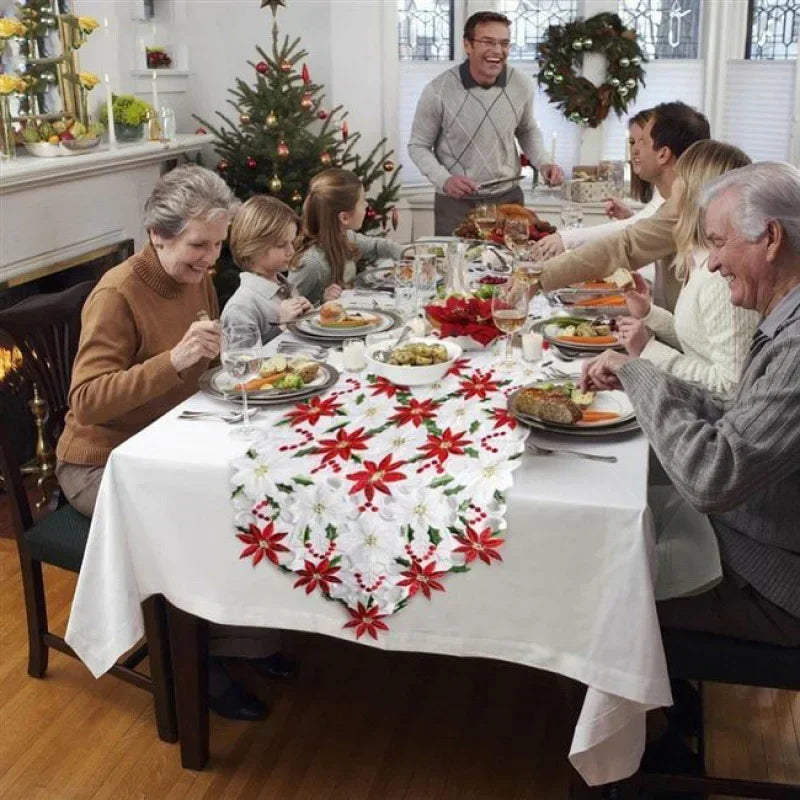 table table noël brodée fleurs poinsettia houx dorées maison hotelDecoration festive traditionnelle polyestère