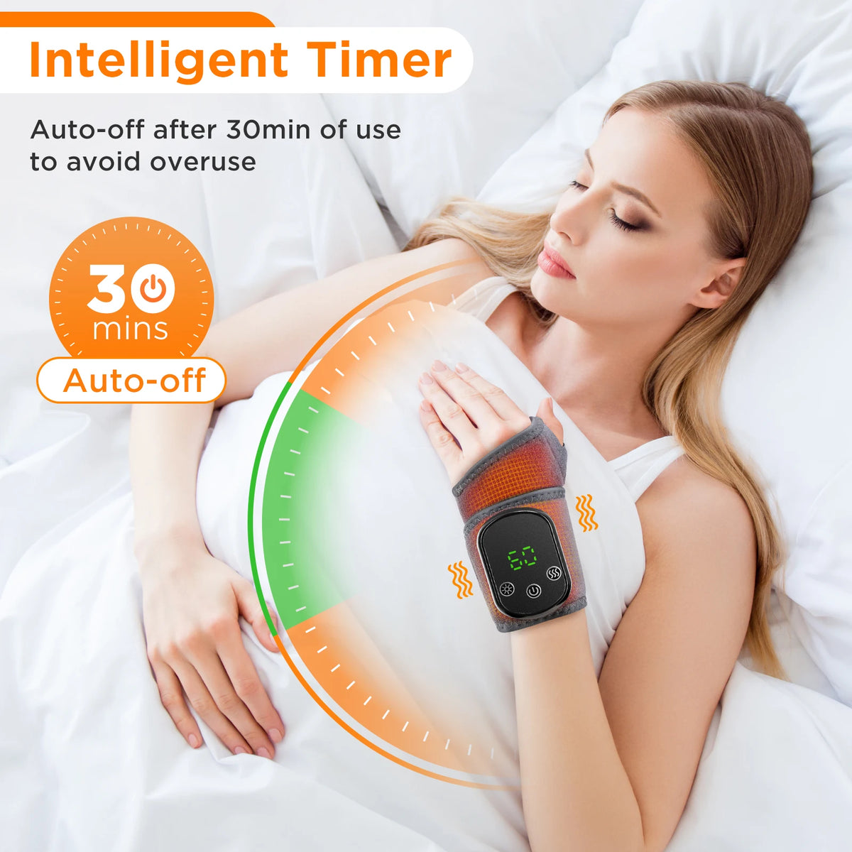 bracelet chauffant massage vibration relaxation affichage numerique controle usb moderne gris orange