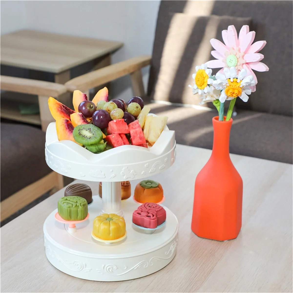 présentoir desserts classique blanc décorations florales cupcakes macarons tournant support gâteaux central individuels plateaux