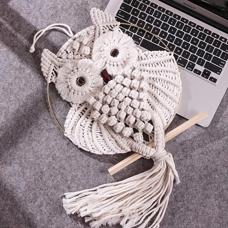 chouette macramé yeux bois tapisserie murale bohème décor artisanal fixations tresses tissage
