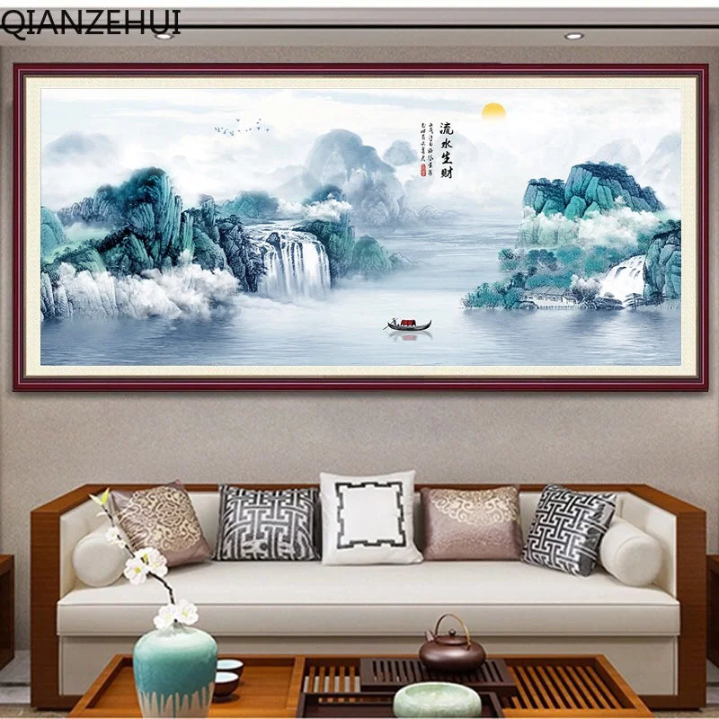 tableau paysage montagneux peinture traditionnelle coton nuages eau texte chinois vert bleu blanc gris