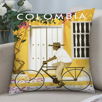 taie d'oreiller carrée jaune motif homme vélo colombie vintage peluche douce décorative