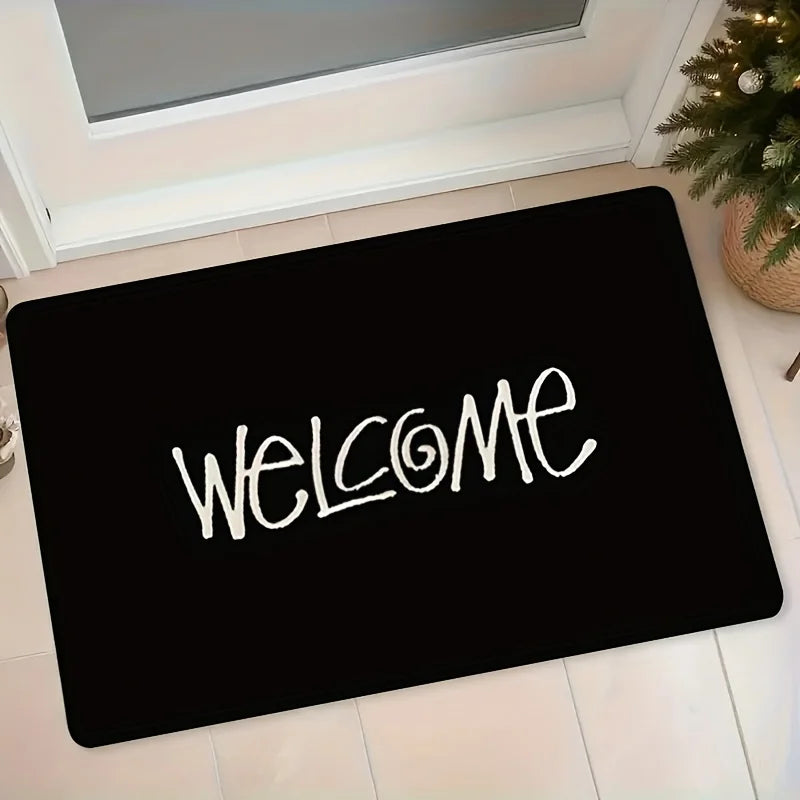 tapis d'entrée lavable machine imperméable antidérapant couleur noire motif welcome velours moderne minimaliste durable