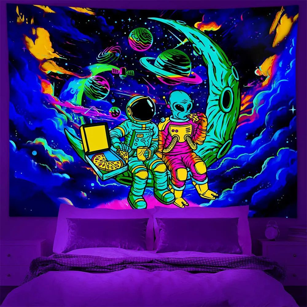 tapisserie murale astronaute extraterrestre fluorescente psychédélique décor chambre lumière noire multicolore grande taille