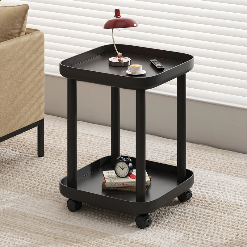 table d'appoint mobile ronde métal noir roulettes salon salle manger
