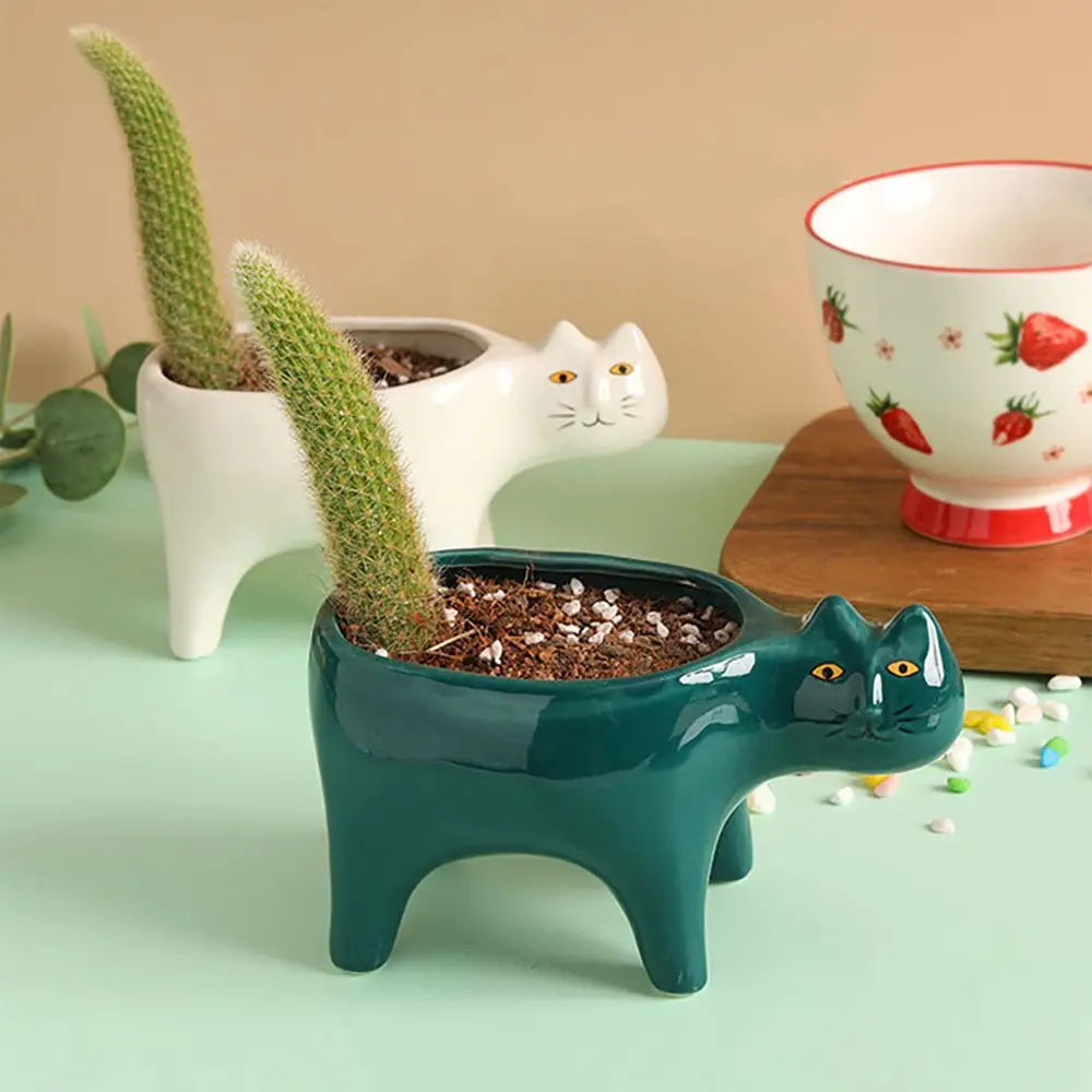 cache pot céramique chat stylisé moderne vert foncé glacé table jardin salon