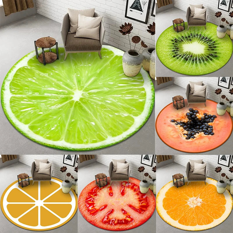 tapis rond moderne tranches fruits mandala antidérapant polypropylène 40x40cm 80x80cm 120x120cm vert orange rouge
