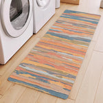 tapis sol moderne rayures horizontales beige gris bleu motif bois vieilli antidérapant intérieur