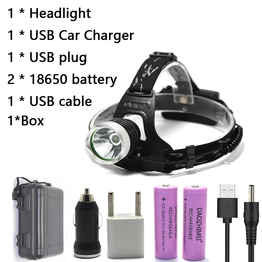 lampe frontale led super lumineuse modes étanche phares t6 camping pêche randonnée chargeur usb