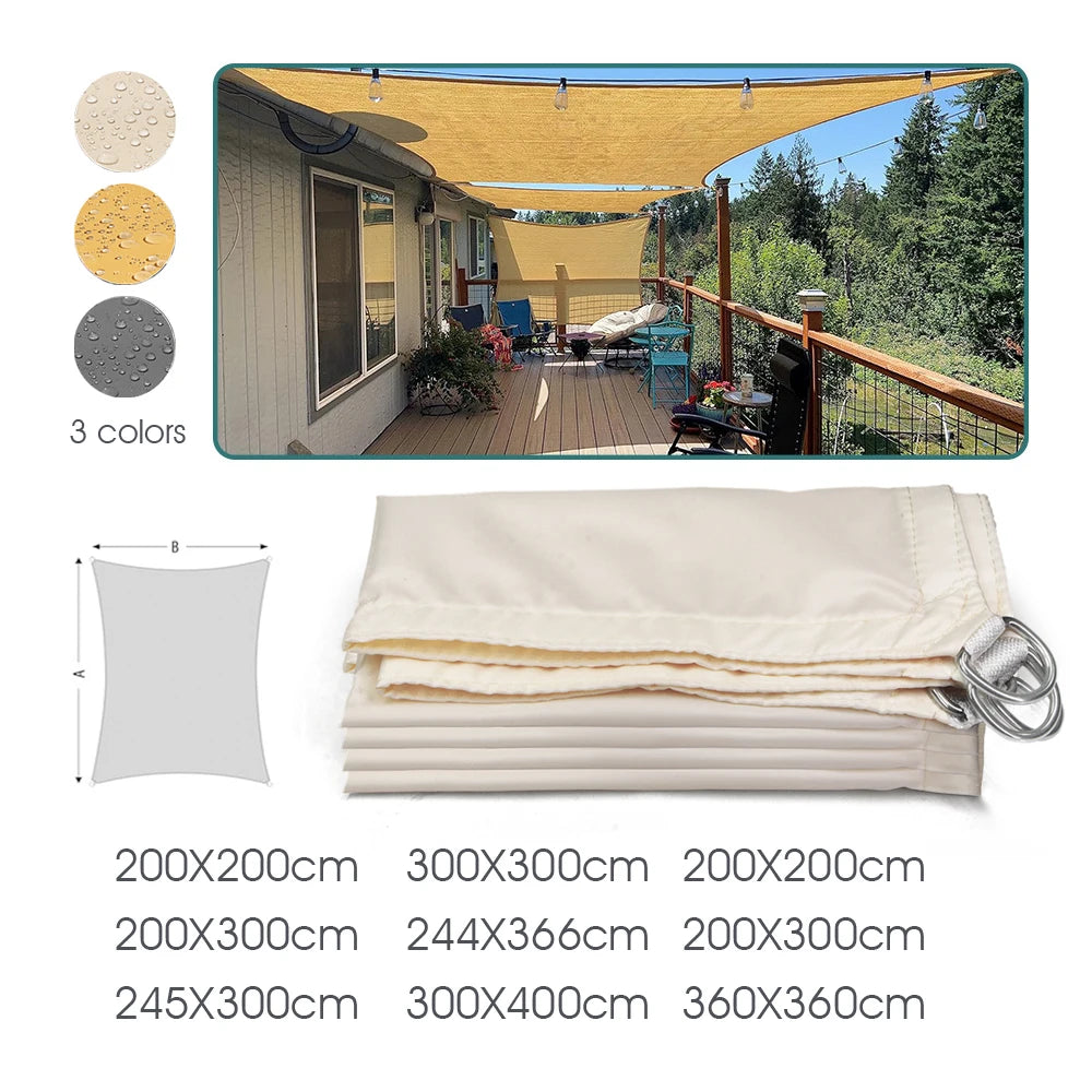 Voile d'ombrage jaune rectangulaire sur un balcon avec vue sur le jardin