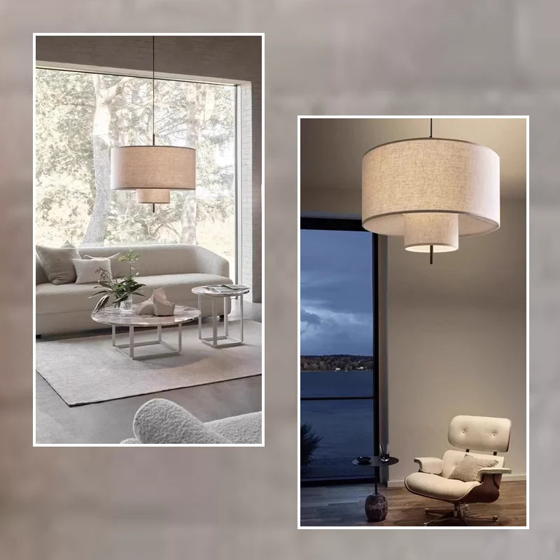 lampe suspendue tissu toile lin beige clair moderne 40cm 50cm 60cm led nature light