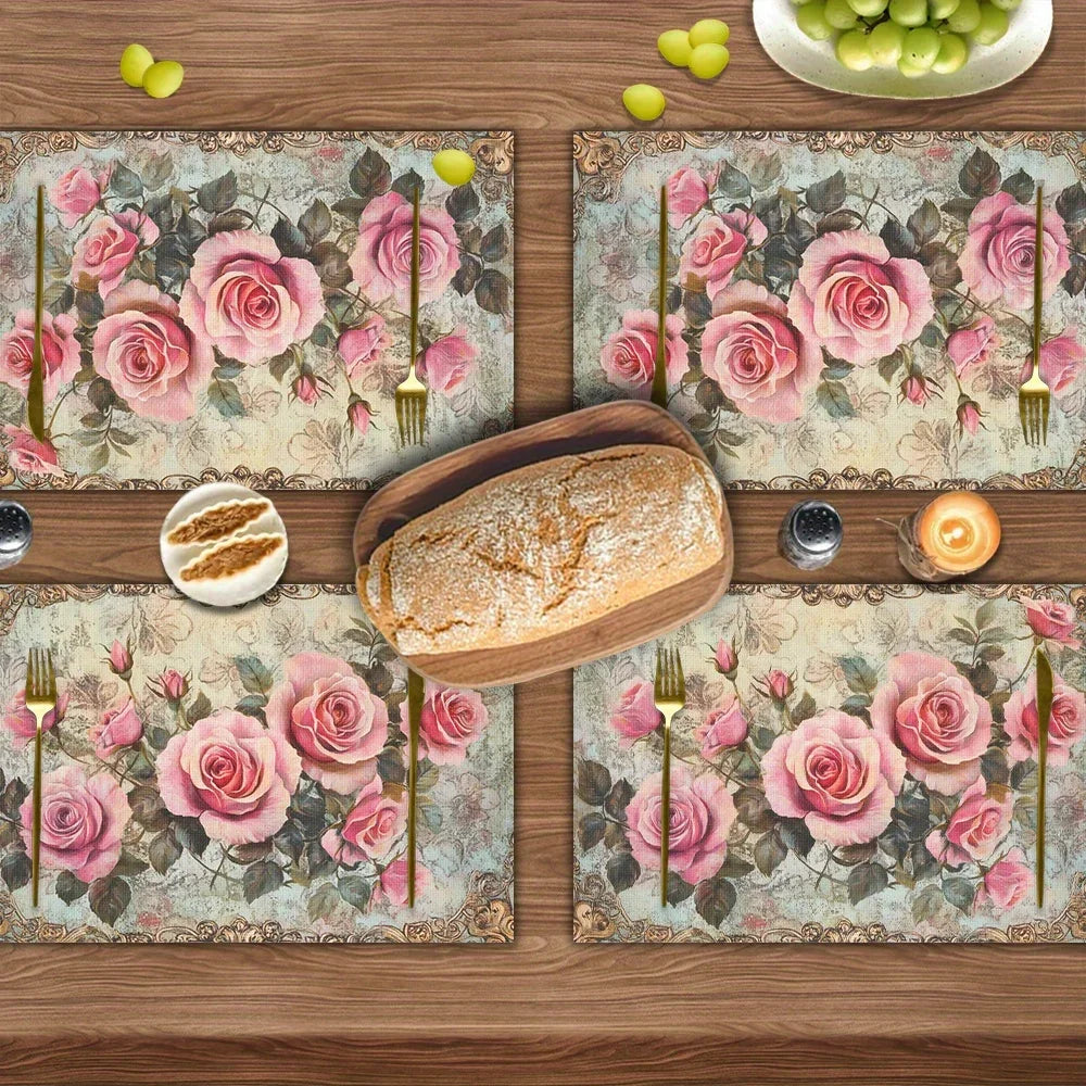 tapis table vintage floral rose fleur feuille verte bordure dorée lin classique