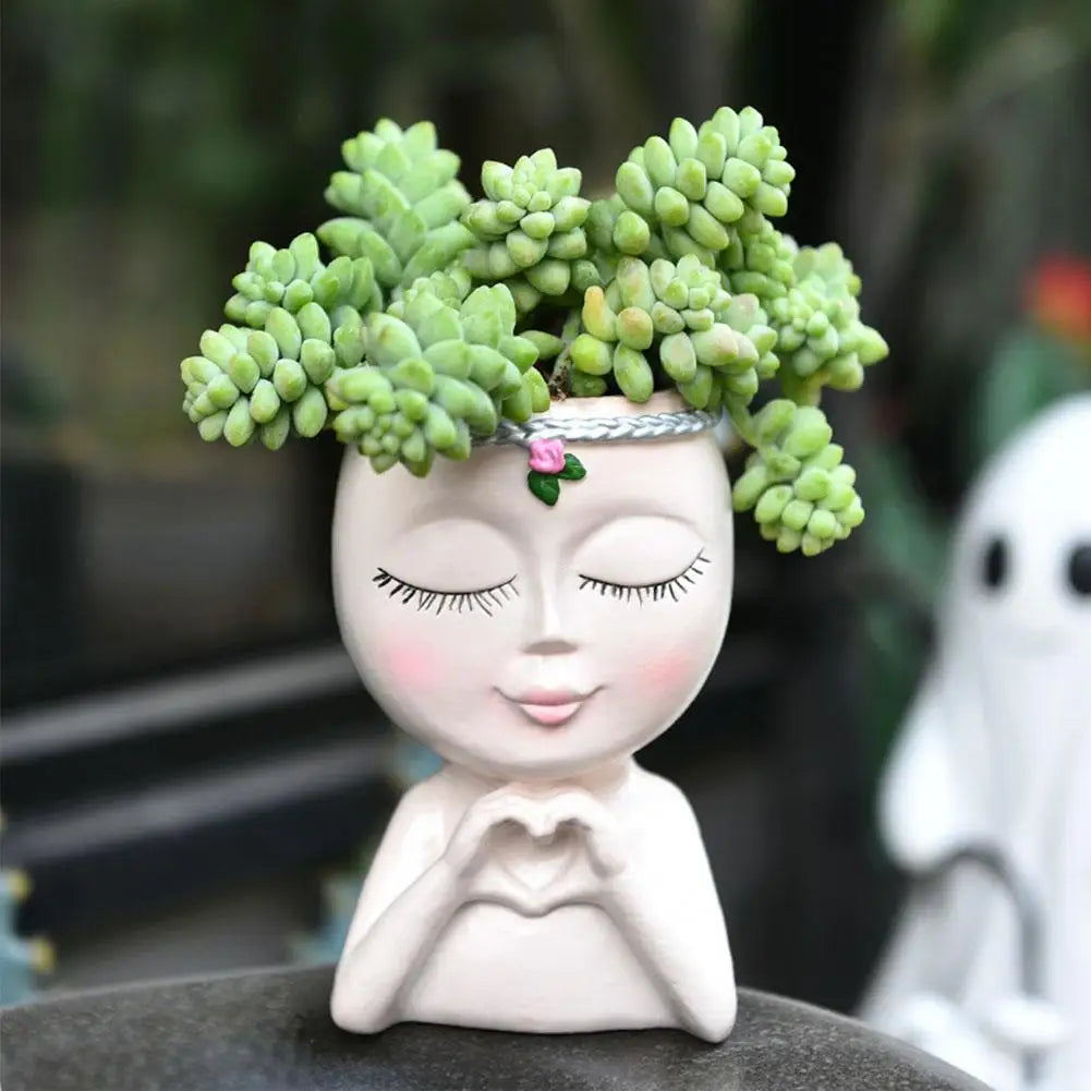pots décoratifs résine tête féminine succulentes fleurs herbes bohème zen blanc rose vert