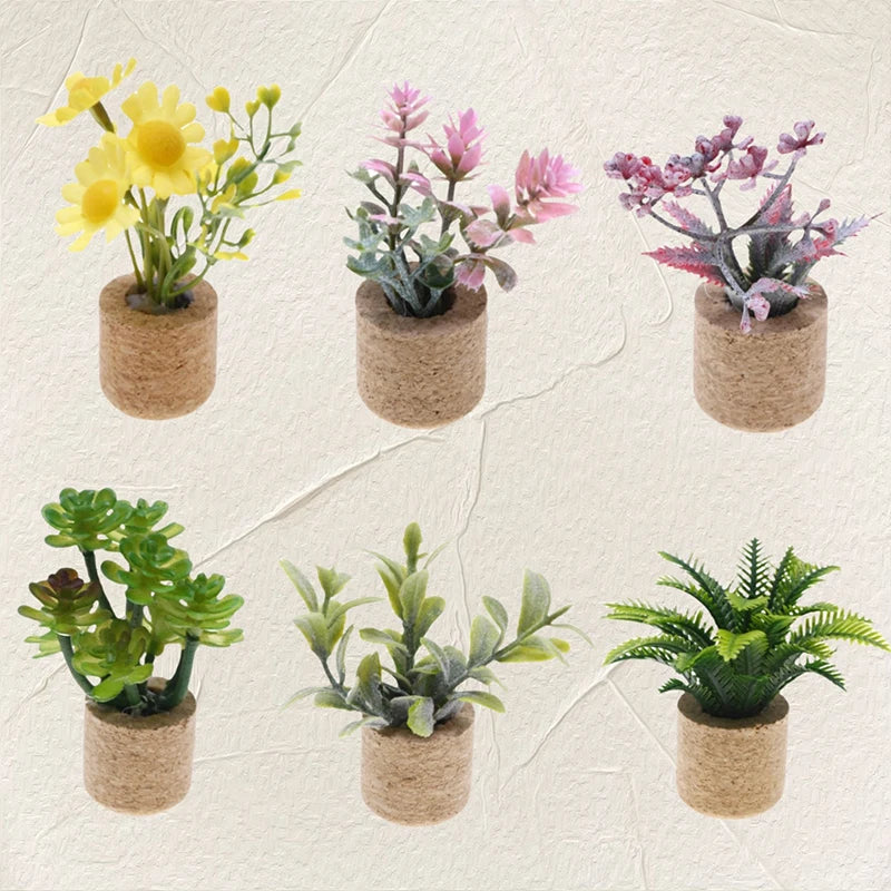 plantes artificielles miniature vert jaune rose blanc feuilles fleurs pots liège clips fixations