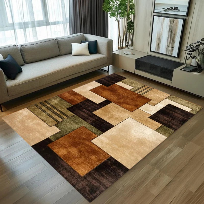 tapis salon chambre moderne motif géométrique patchwork marron beige doux antidérapant grande taille décoratif