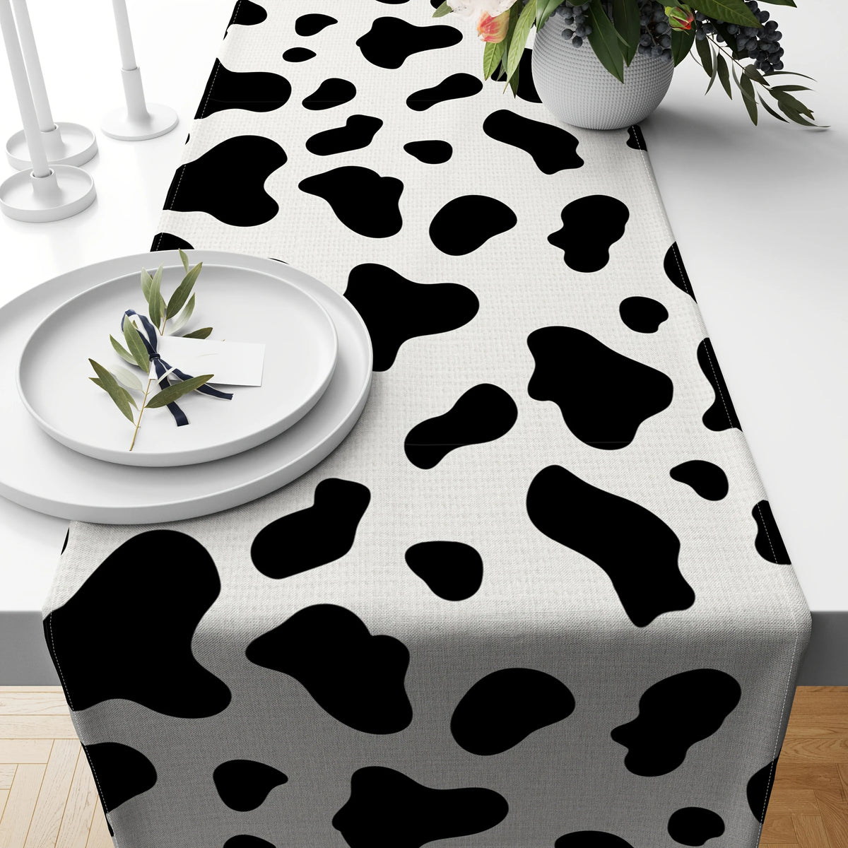 nappe lin imprimée vache noire blanche rustique décoration table moderne chambre