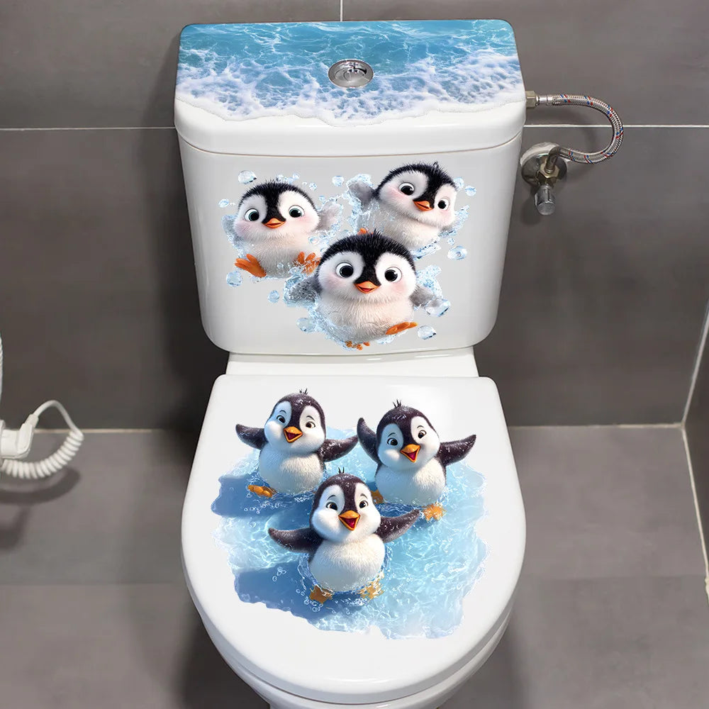 autocollants toilette pingouins dessin animé blanc eau salle bain enfants décoration PVC imperméable amovible