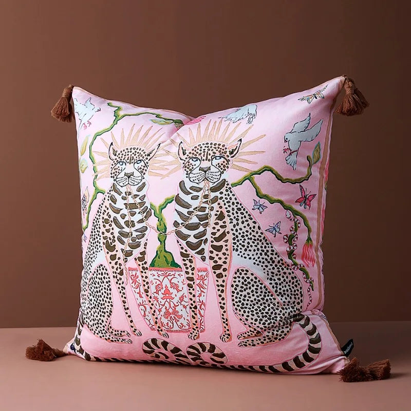 coussin carré moderne léopard oiseaux rose adhésif tassel salon décoration maison 45cm 50cm 60cm