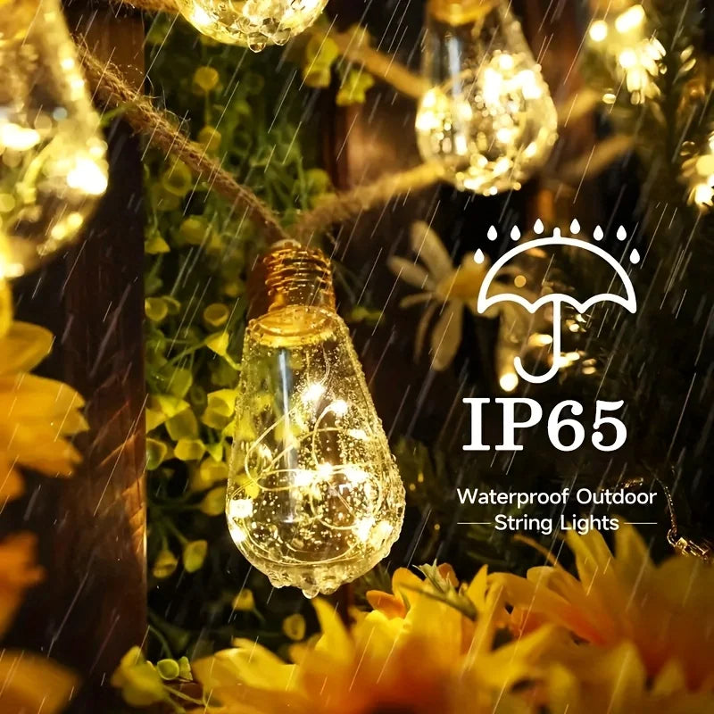 guirlande lumineuse solaire 16 ampoules led clips transparentes vintage 7mextérieur