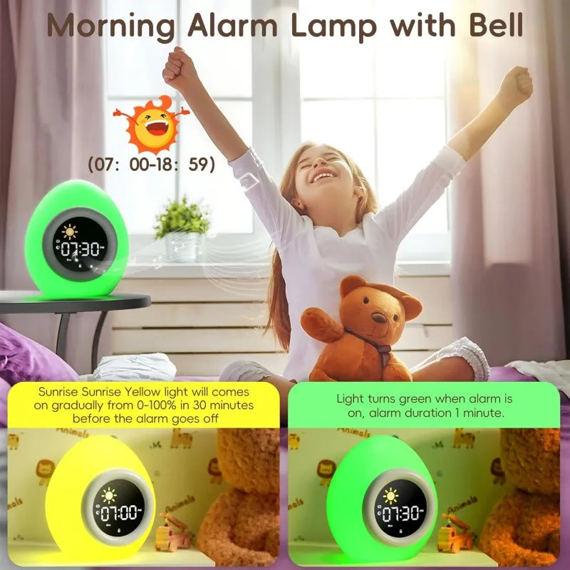 lampe réveil enfant forme ovoïde écran led couleurs chaudes minimaliste sons apaisants veilleuse tactile