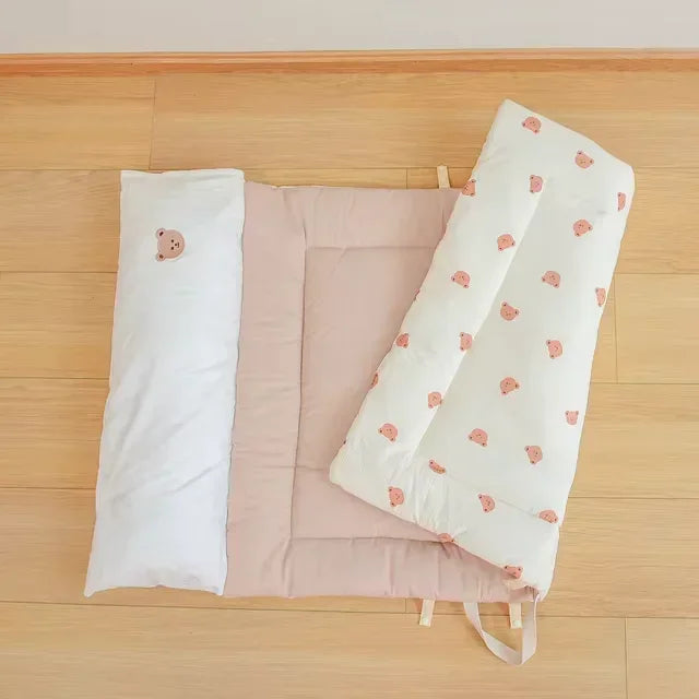 matelas pliable coton ours blanc oreillers portables enfants couchage hiver ados crème rose adorable