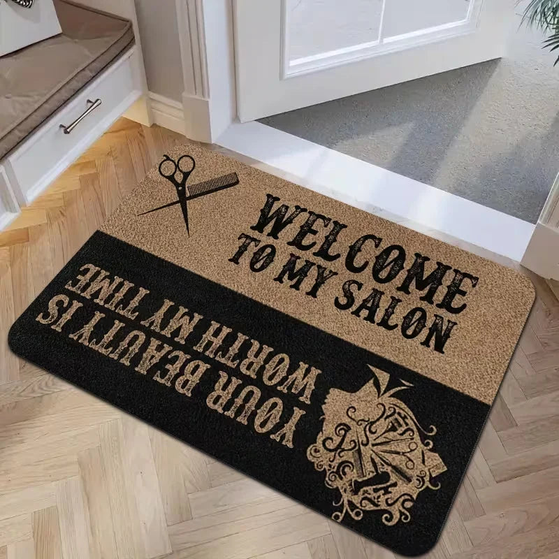 tapis sol moderne noir doré motifs coiffeur barbershop ciseaux peigne rasoir bienvenue salon graphique