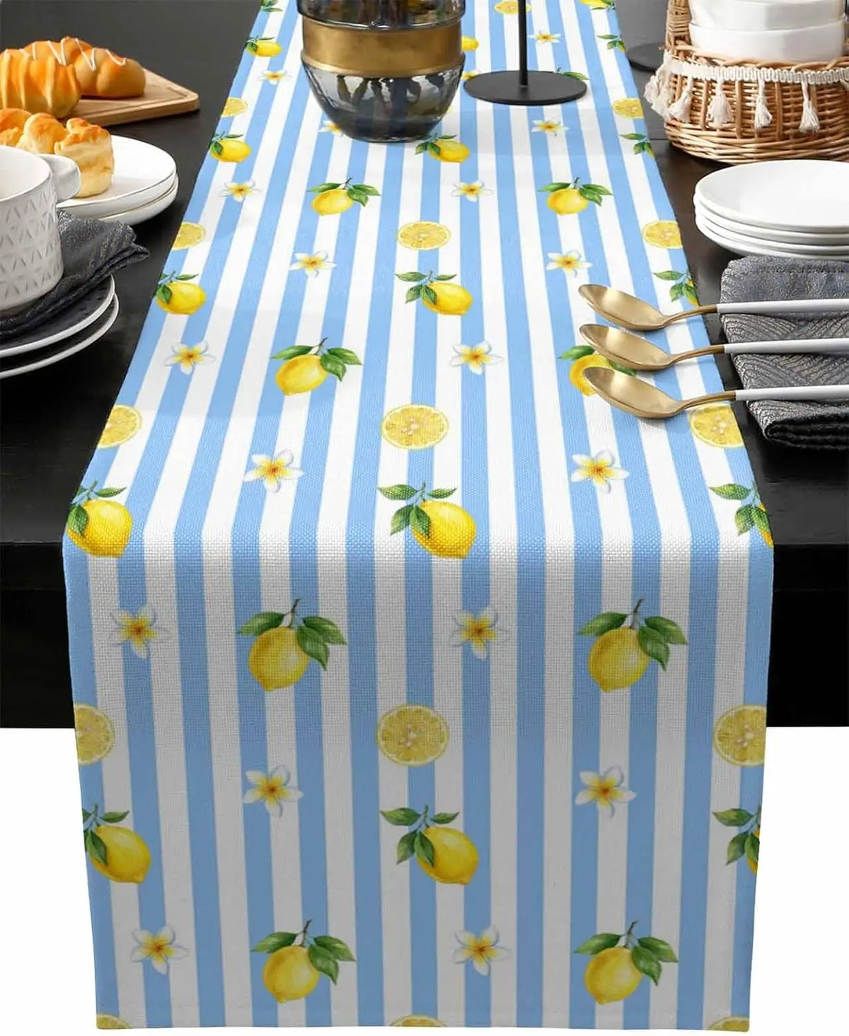 table cuisine lin rayé bleu blanc motif citron floral moderne