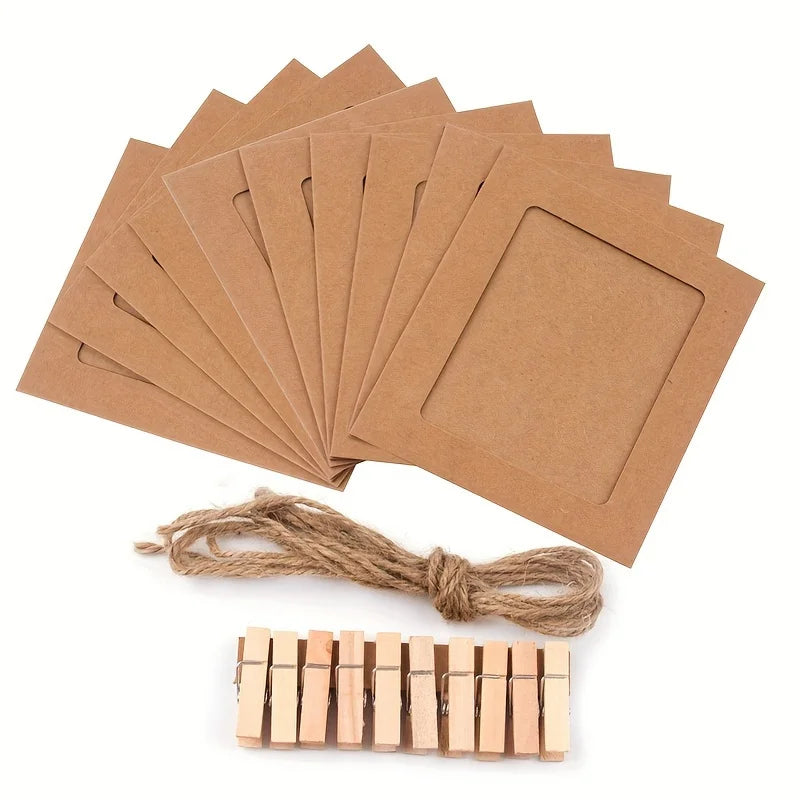 cadres photo carton rustique pinces suspension corde jute décoration murale blanc marron clair farmhouse