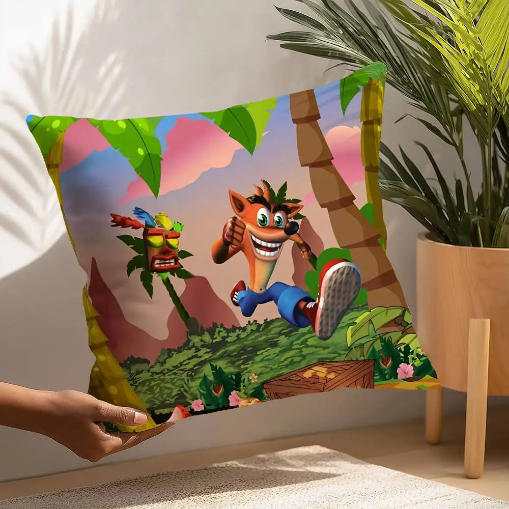 coussin décoratif carré crash bandicoot microfibre peluche cartoon orange bleu chambre salon enfant