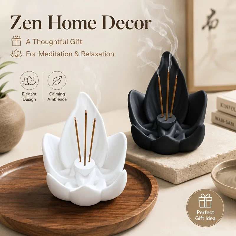 porte encens résine lotus blanc noir zen décoration intérieure minimaliste fleur émotions air purificateur