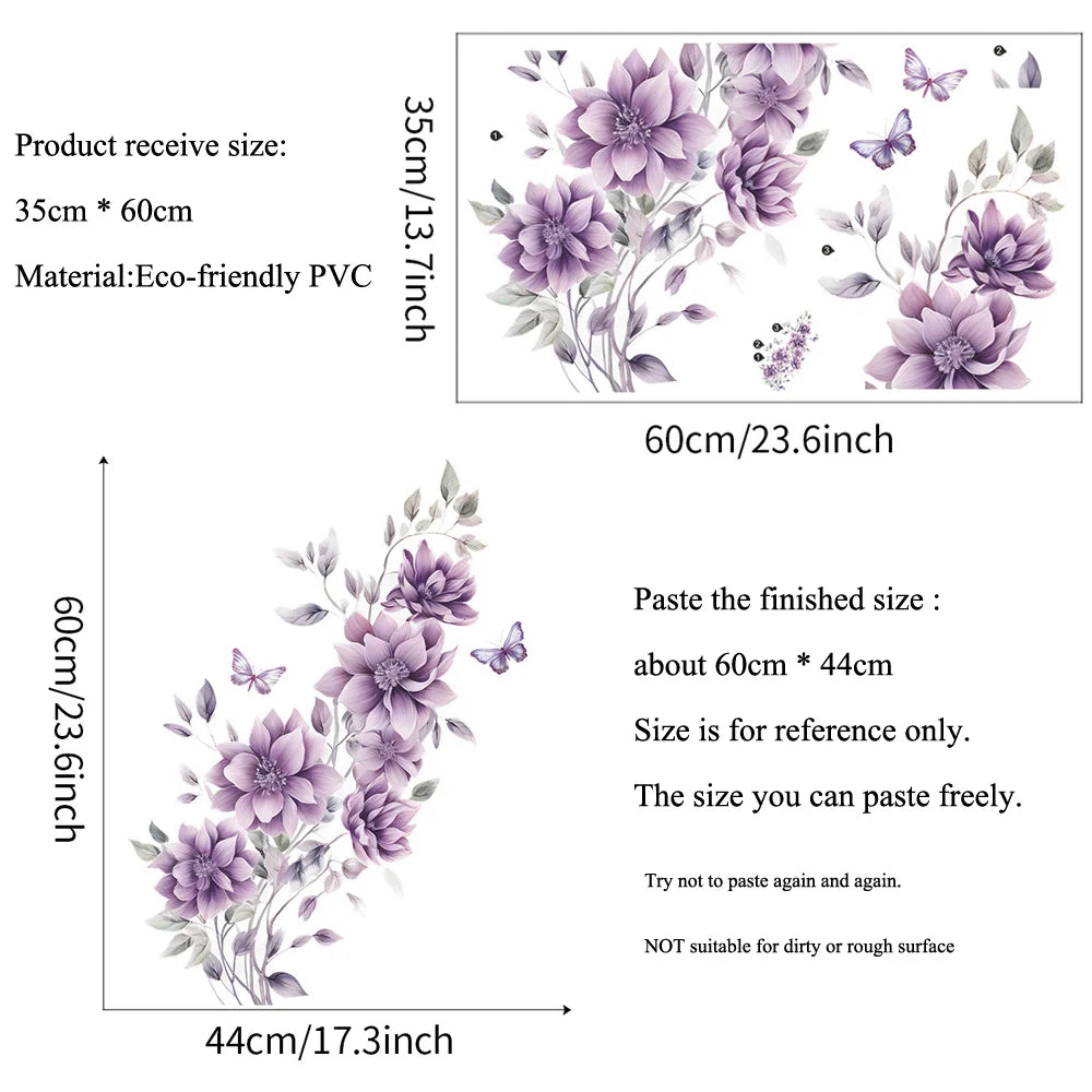 sticker mural fleurs violets papillons adhésif pvc résistant eau moderne salon chambre bain