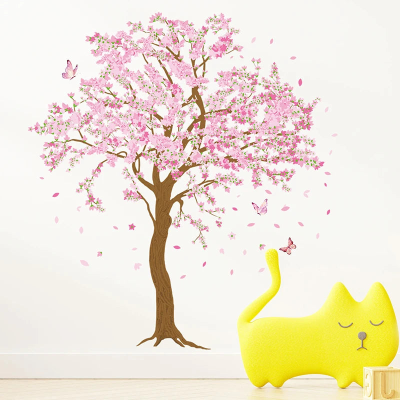 sticker mural fleurs cerisier papillons rose brun décoration enfant chambre salon familial