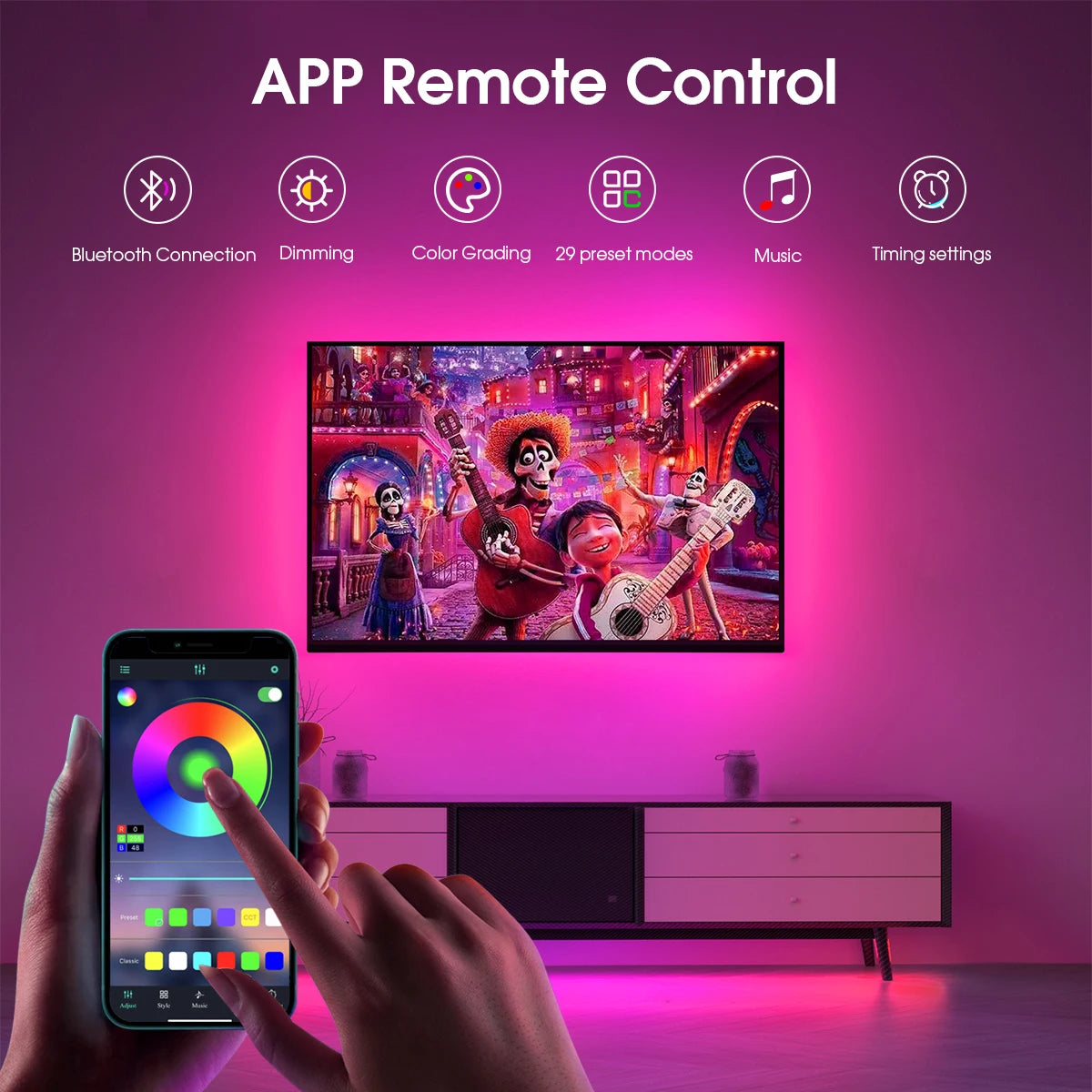 ruban led multicolore adhésif moderne contrôleur bluetooth lumière nuit réglable salon
