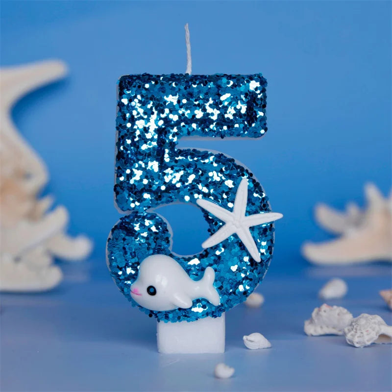bougies forme chiffre bleu paillette motif marin dauphin étoile mer anniversaire cire paraffine
