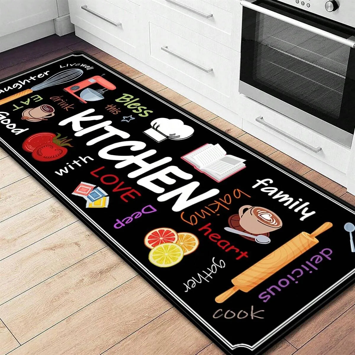 tapis cuisine imprimé moderne motifs kitchen noir blanc polyvinyle polyester durable