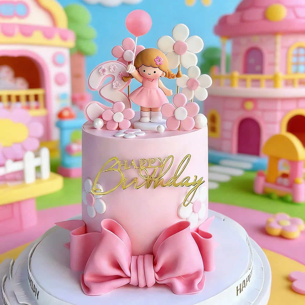 décoration gâteau anniversaire fille princesse fleurs rose blanc doré figurine ballon ruban satiné festif