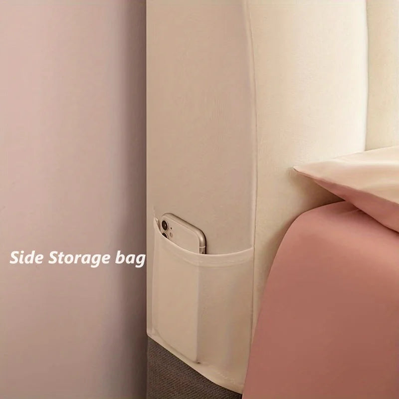 housse tête lit velours beige poche rangement coutures modernes