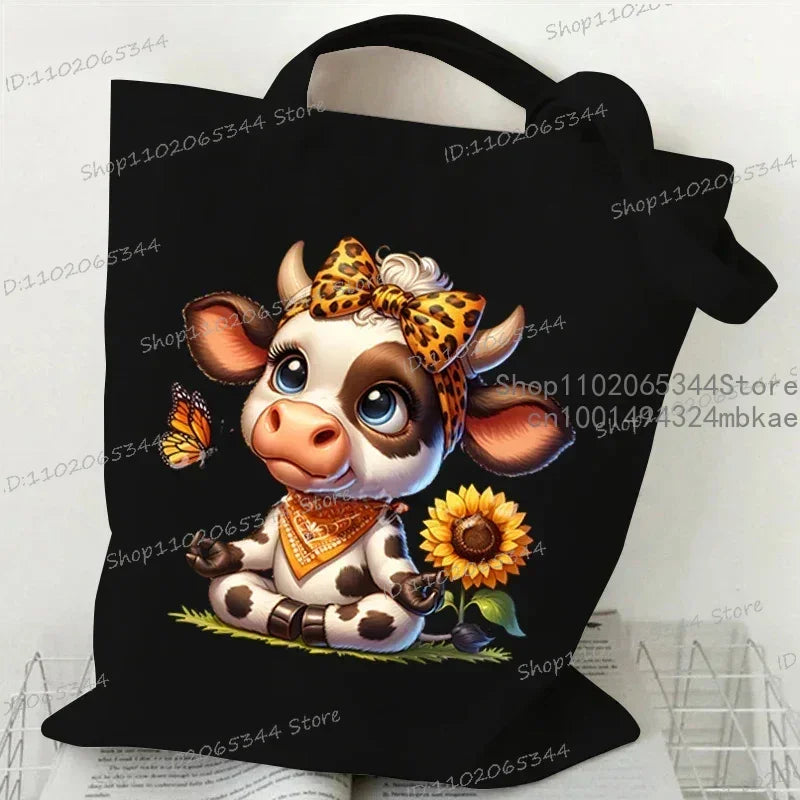 sac main toile vache léopard tournesol poignées détachables dessin animé adolescents femmes fête appliques