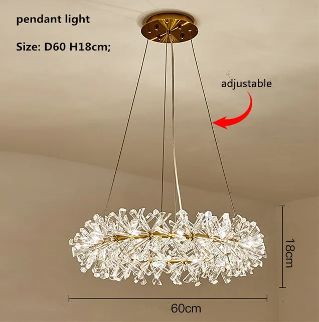 Suspension lumineuse cristal transparent moderne élégante chaînes blanc doré chambre salon