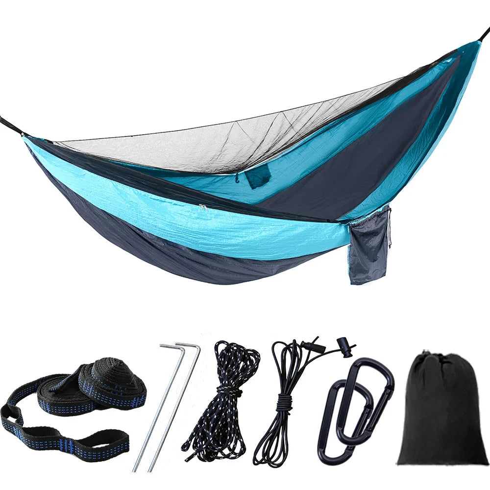 hamac deux personnes vert olive parachute léger filet antimosquitos carabines inox piquets aluminium sac