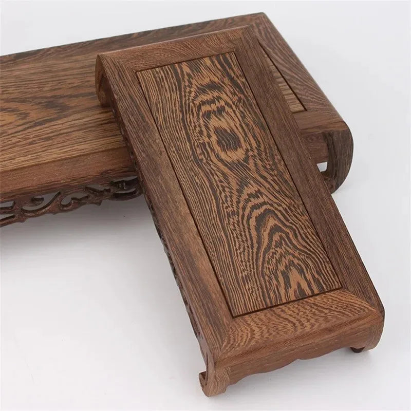 support présentation bois sculpté marron foncé grain naturel classique artisanal stand unique