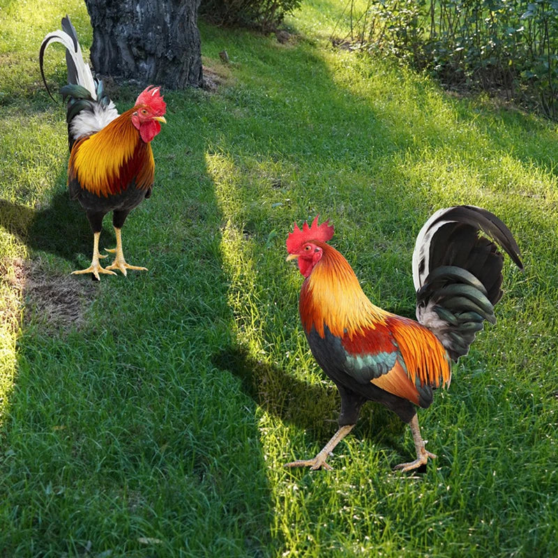 statue coq jardin acrylique rouge orange plumes décoration extérieure résistante intempéries