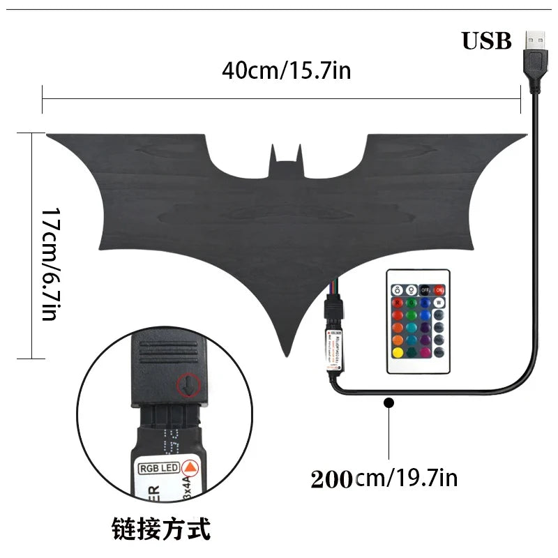 lampe murale led moderne batman logo noir télécommande câble usb 2mètres fixée mur