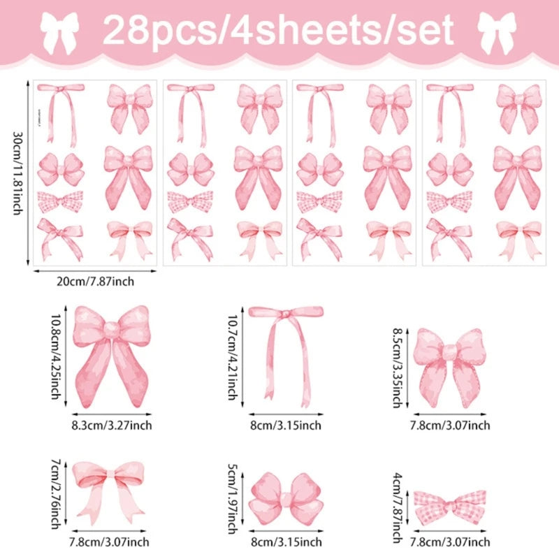 stickers muraux adhésifs rose nœuds rubans aquarelle semi translucides décoration enfantine romantique PVC résistants