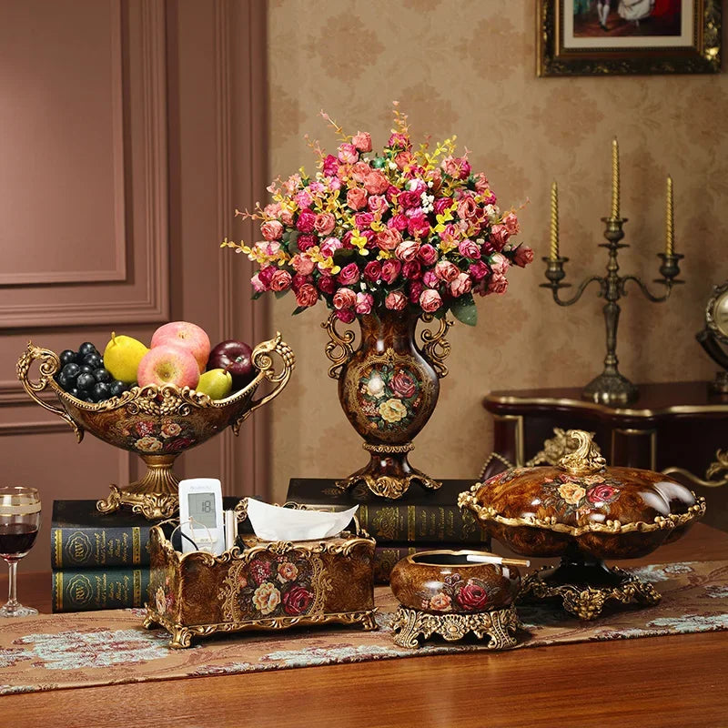 décoration table résine or marron fleurs classique vase boîte mouchoirs cendrier fruits bouquets