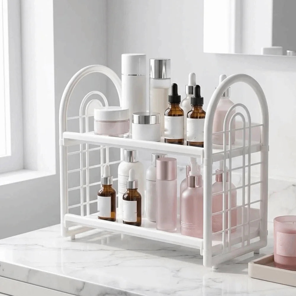 étagère deux niveaux blanc moderne rangement salle bain cosmétiques polyester réutilisable grande capacité