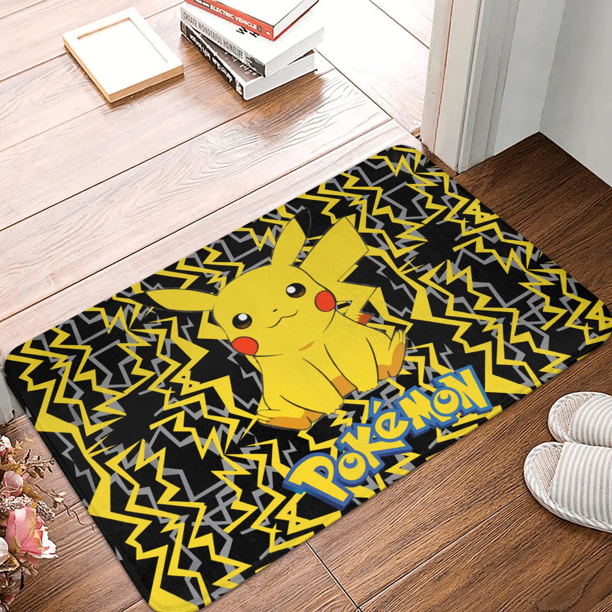 tapis sol antidérapant pikachu jaune noir rouge cartoon pois flanelle 60x40cm chambre cuisine salon